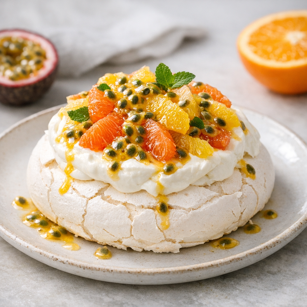 Citrus-pavlova met passievrucht