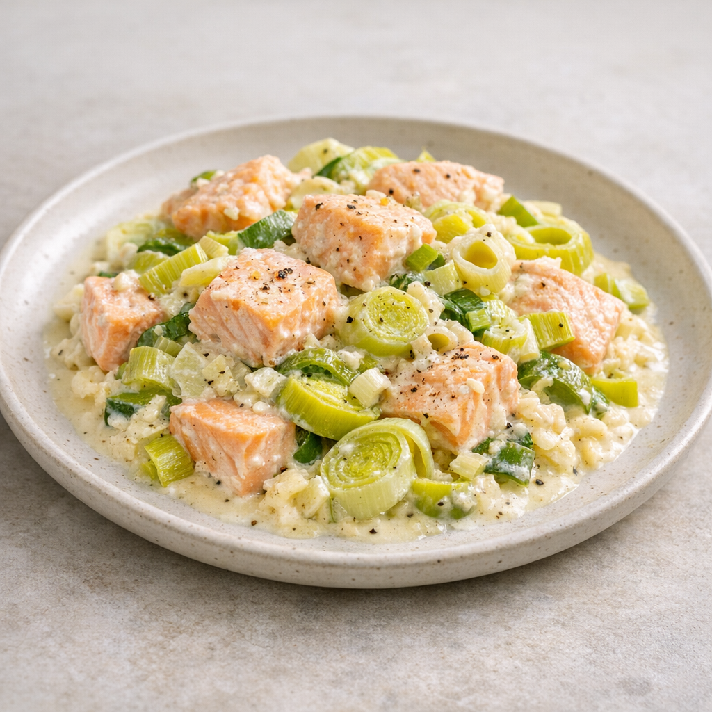 Romige zalm-prei ovenschotel