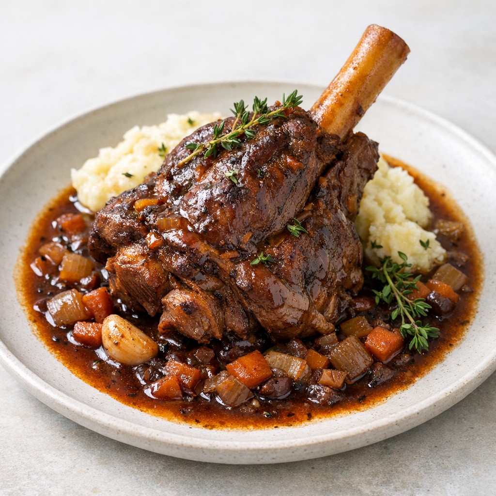 Lamsschenkel met rode wijn & tijm
