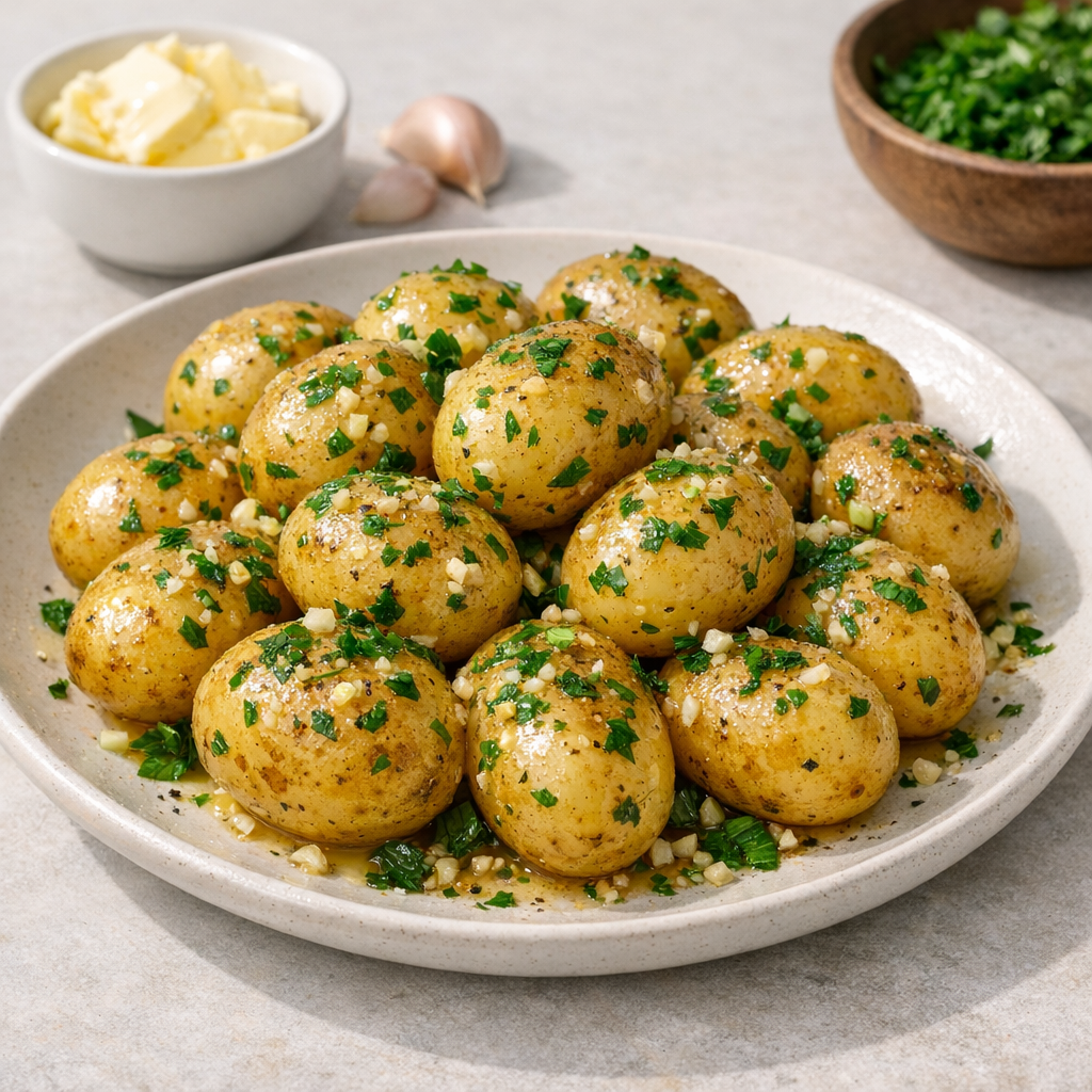 Nieuwe aardappeltjes met knoflookboter & peterselie