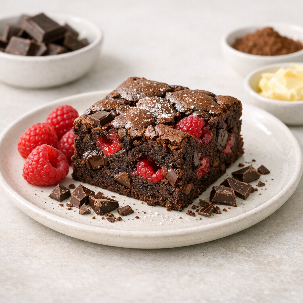 Chocolade-ei-brownie met frambozen