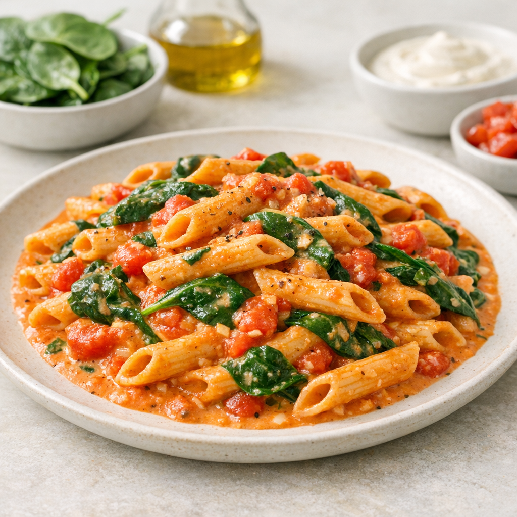 Romige tomatenpasta met spinazie